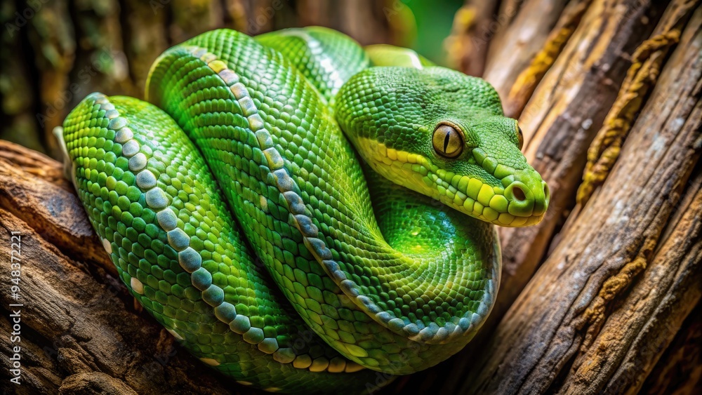 Fototapeta premium Coiled serpent camouflaged in shades of green, blending seamlessly into the rugged bark of a ancient tree, its forked tongue darting in and out.