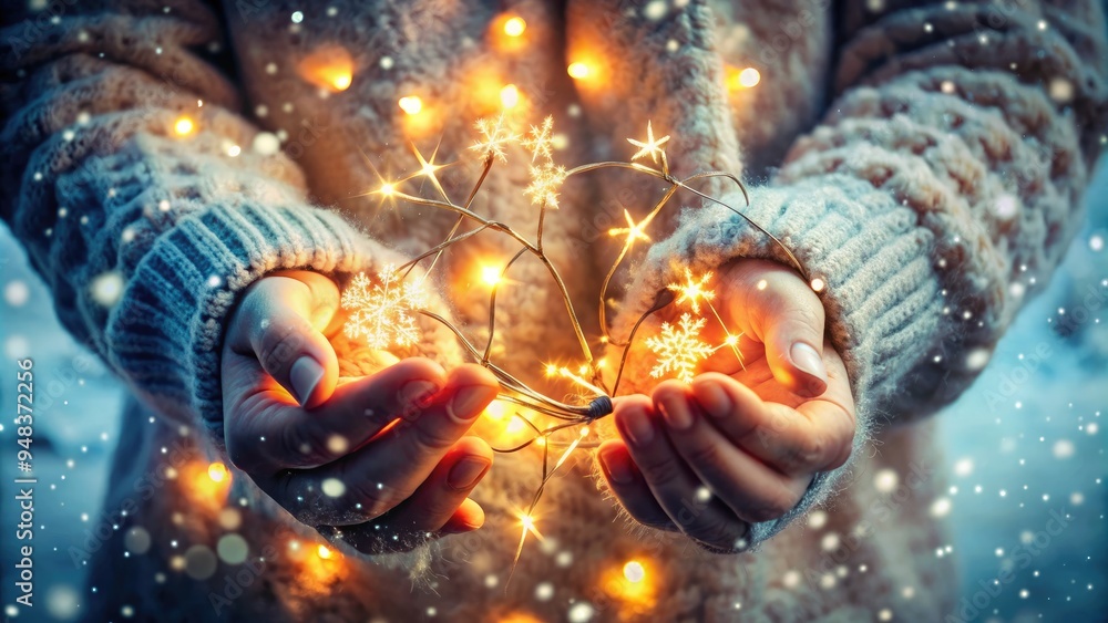 Cold winter hands gently hold a string of twinkling fairy lights, surrounded by snowflakes, evoking a sense of warmth and festive holiday magic. Cold winter hands gently hold a string of twinkling fairy lights, surrounded by snowflakes, evoking a sense of warmth and festive holiday magic.