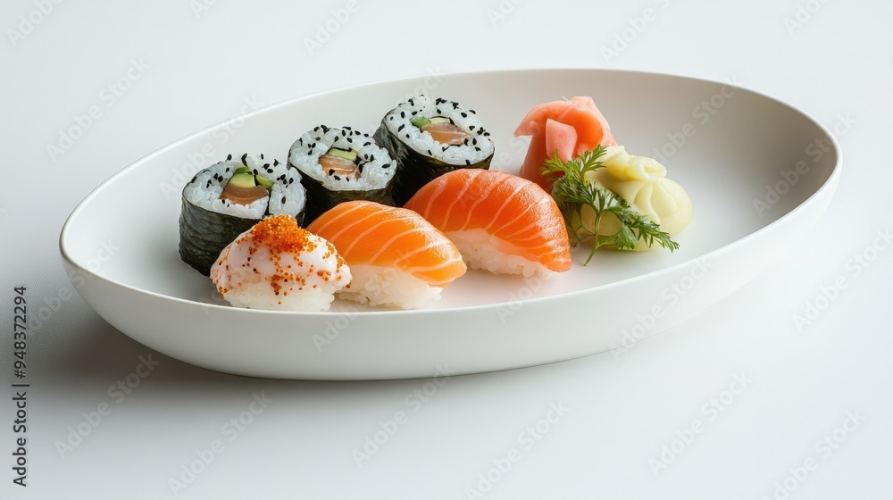 A white ceramic dish featuring a selection of sushi, with a white backdrop that enhances the contrast and details of the food. A white ceramic dish featuring a selection of sushi, with a white backdrop that enhances the contrast and details of the food.