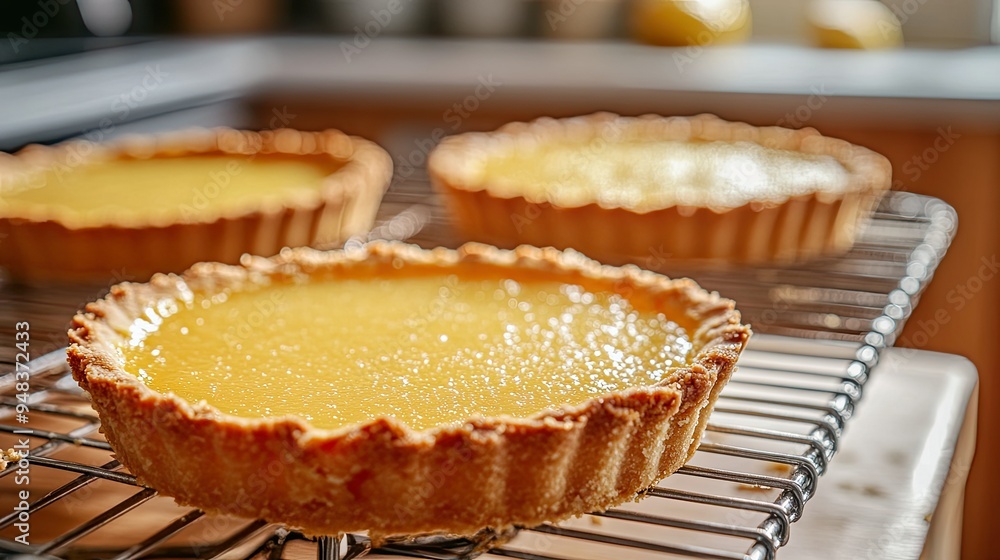 A zesty lemon tart with a buttery short crust, cooling on a wire rack, with a kitchen in the background. A zesty lemon tart with a buttery short crust, cooling on a wire rack, with a kitchen in the background.