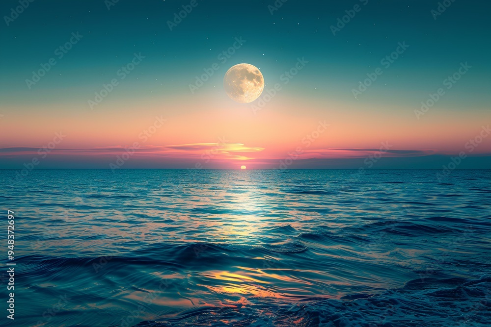 A full moon rising over a body of water A full moon rising over a body of water