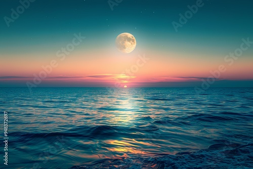 A full moon rising over a body of water