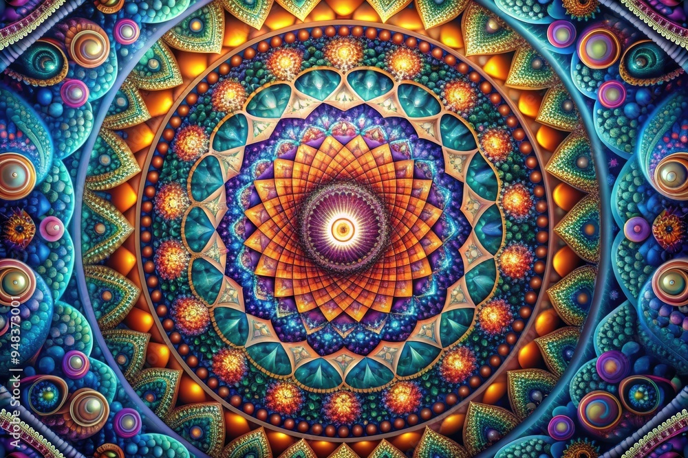 Colorful 3D seamless psychedelic loop art featuring a swirling vortex of geometric shapes and mandala patterns, evoking spiritual awakening and mystical energy. Colorful 3D seamless psychedelic loop art featuring a swirling vortex of geometric shapes and mandala patterns, evoking spiritual awakening and mystical energy.