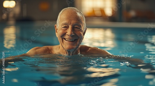 An elderly man swimming laps in an indoor pool, his face lit up with a smile as he enjoys his fitness routine.