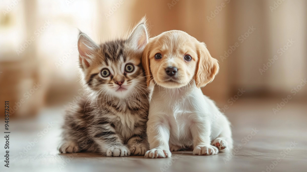 a young kitten and a young puppy sitting side by side, both with curious a young kitten and a young puppy sitting side by side, both with curious