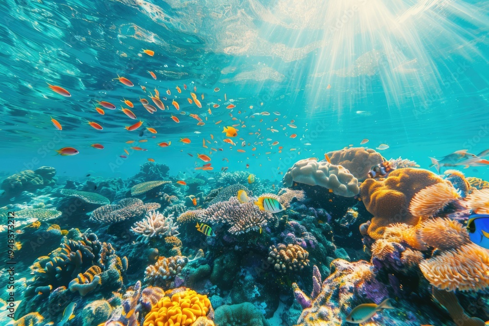 Fototapeta premium Tropical sea underwater fishes on coral reef. Aquarium oceanarium wildlife colorful marine panorama landscape nature snorkel diving ,coral reef and fishes