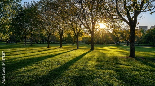 Golden leaves dance beneath a setting sun, casting long shadows through the autumnal park ,Colorful autumn park and forest scene with sun rays filtering