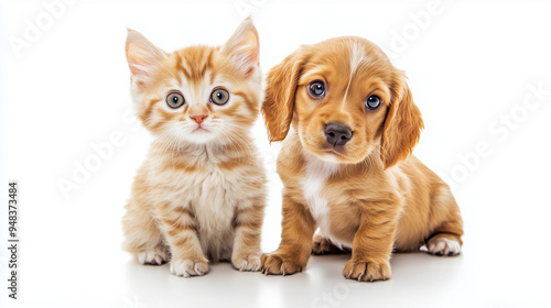 a young kitten and a young puppy sitting side by side, both with curious