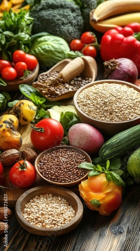 Wallpaper Mural A colorful array of seasonal organic vegetables and whole grains arranged on a wooden surface, showcasing nature's bounty Torontodigital.ca