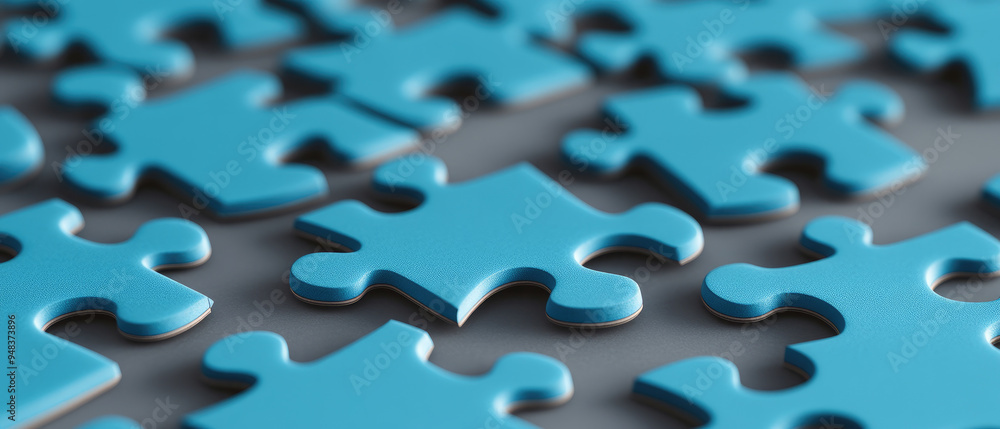 Blue puzzle pieces scattered across a gray surface, showcasing their glossy texture and unique shapes, inviting a sense of curiosity and problem-solving engagement. Blue puzzle pieces scattered across a gray surface, showcasing their glossy texture and unique shapes, inviting a sense of curiosity and problem-solving engagement.