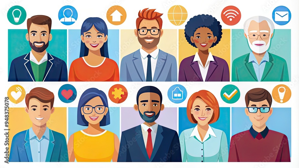 Colorful cartoon style icons of diverse individuals engaged in conversation, emphasizing effective communication, active listening, and teamwork in a modern business setting. Colorful cartoon style icons of diverse individuals engaged in conversation, emphasizing effective communication, active listening, and teamwork in a modern business setting.