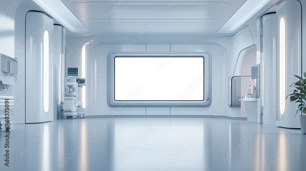 Blank digital billboard in a sleek, futuristic hospital hallway, surrounded by modern medical equipment and minimalist design. Blank digital billboard in a sleek, futuristic hospital hallway, surrounded by modern medical equipment and minimalist design.