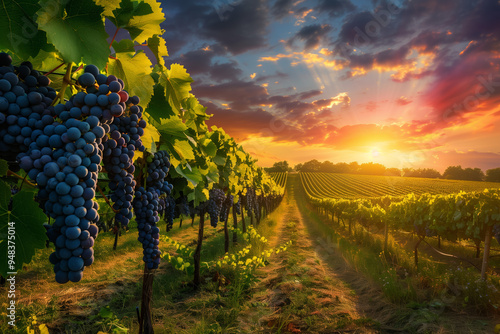 Vineyard with grape bushes hanging on the vines at sunset.