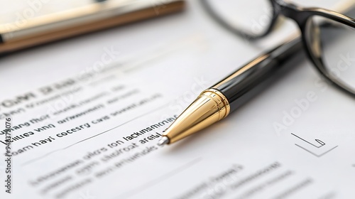 A close-up of a document outlining insurance coverage details, with a pen and glasses.