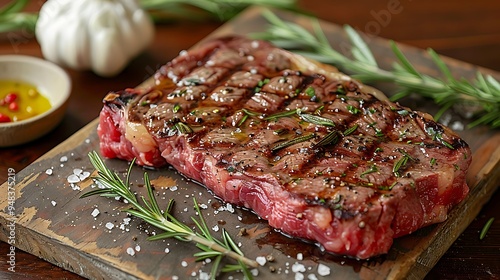 A high-definition shot of a raw porterhouse steak on a weathered wooden board, olive oil drizzles glistening, fresh rosemary and garlic bulbs adding aromatic details, photo