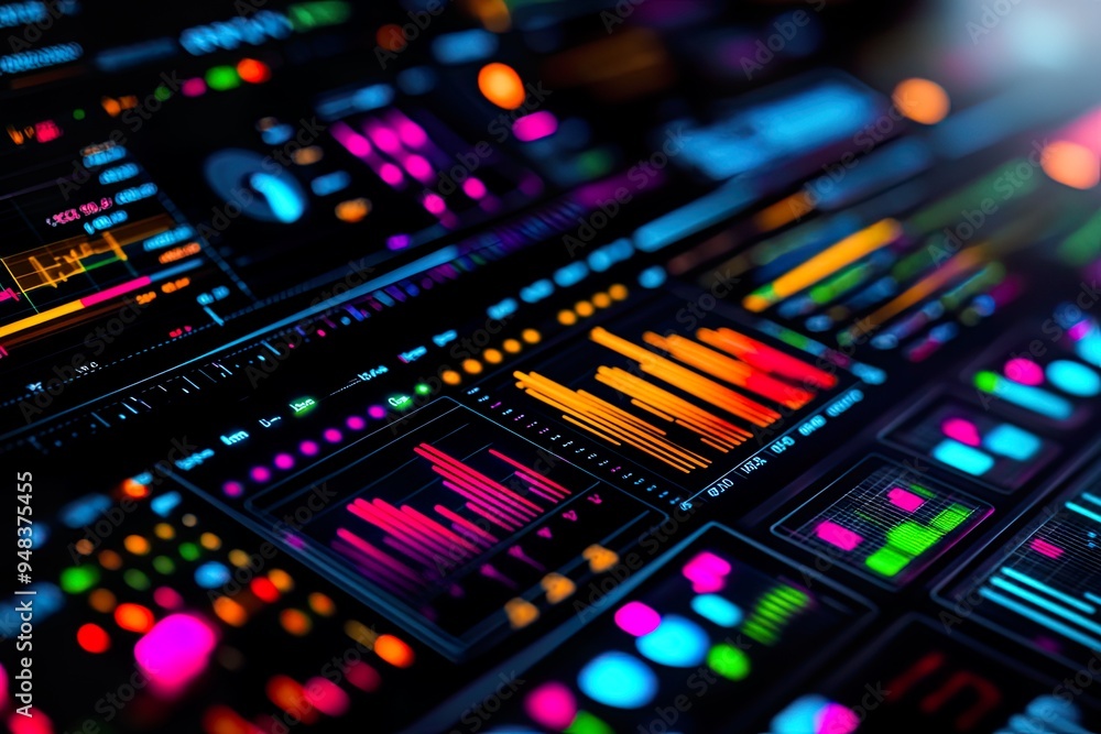 A vibrant display of data visualizations and analytics in a digital interface. A vibrant display of data visualizations and analytics in a digital interface.