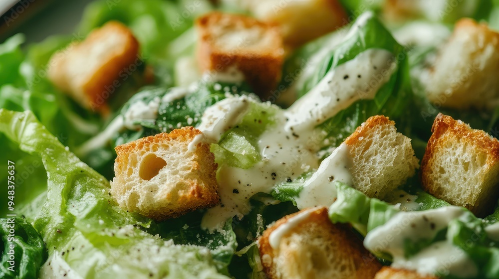 Caesar salad close-up showcasing the fresh ingredients, from the crisp lettuce to the homemade dressing and crunchy garlic croutons. Caesar salad close-up showcasing the fresh ingredients, from the crisp lettuce to the homemade dressing and crunchy garlic croutons.