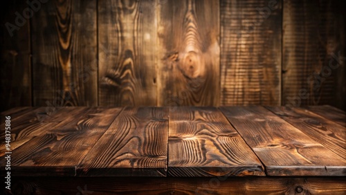 Rustic dark brown wooden table surface with a ligneous background
