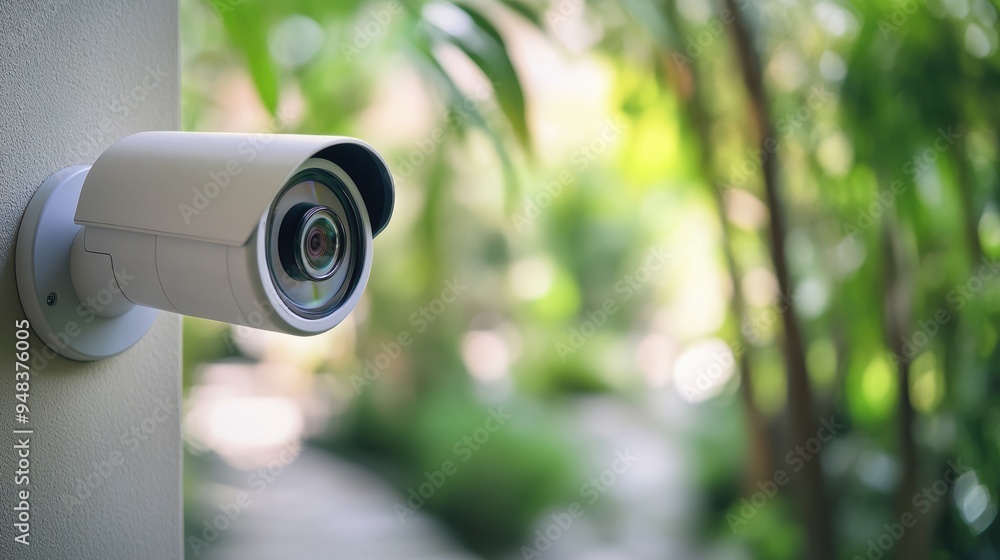 A security camera mounted on a wall, overlooking a lush, green garden area, showcasing a blend of technology and nature A security camera mounted on a wall, overlooking a lush, green garden area, showcasing a blend of technology and nature