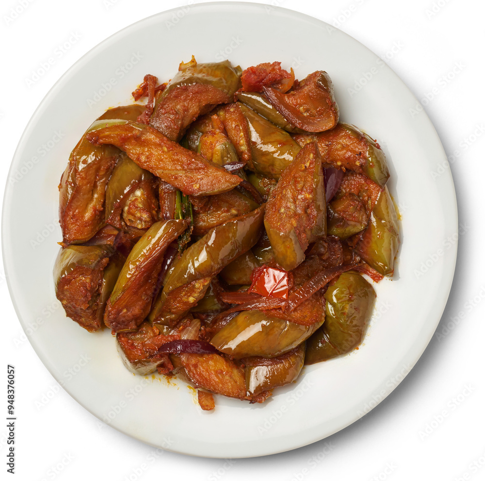 plate of eggplant dish isolated white background, golden and crispy fried brinjal mixed with tempered spices with flavors of sweet, sour and spicy taste, taken from above plate of eggplant dish isolated white background, golden and crispy fried brinjal mixed with tempered spices with flavors of sweet, sour and spicy taste, taken from above