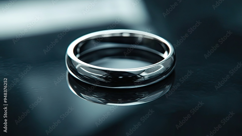 Close-up of a sleek silver ring with a minimalist design, lying on a reflective surface, radiating modern elegance. Close-up of a sleek silver ring with a minimalist design, lying on a reflective surface, radiating modern elegance.