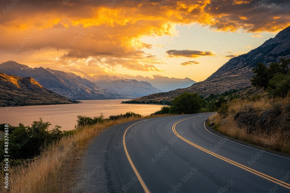 Naklejka premium A scenic winding road beside a tranquil lake, framed by mountains under a dramatic sunset sky.