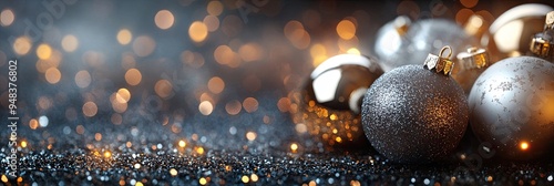 Glittering Christmas background with gold and silver baubles on a dark background  photo