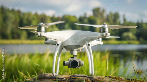 A photo of a drone with digital focus on the camera lens photo