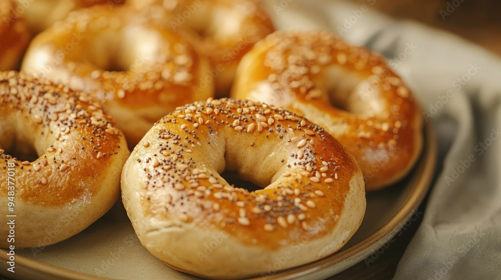 Close-up of freshly baked bagels on a ceramic plate, with a soft, golden crust and a variety of toppings. Close-up of freshly baked bagels on a ceramic plate, with a soft, golden crust and a variety of toppings.