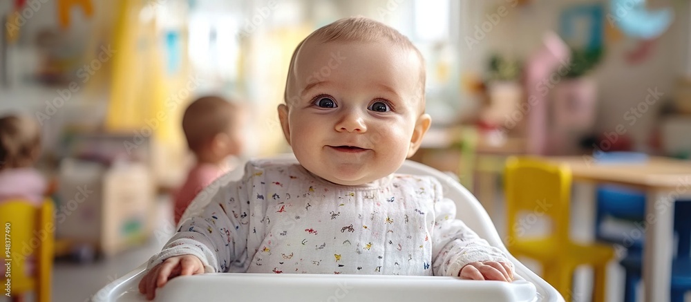 Adorable Baby Girl in a High Chair at a daycare center Adorable Baby Girl in a High Chair at a daycare center