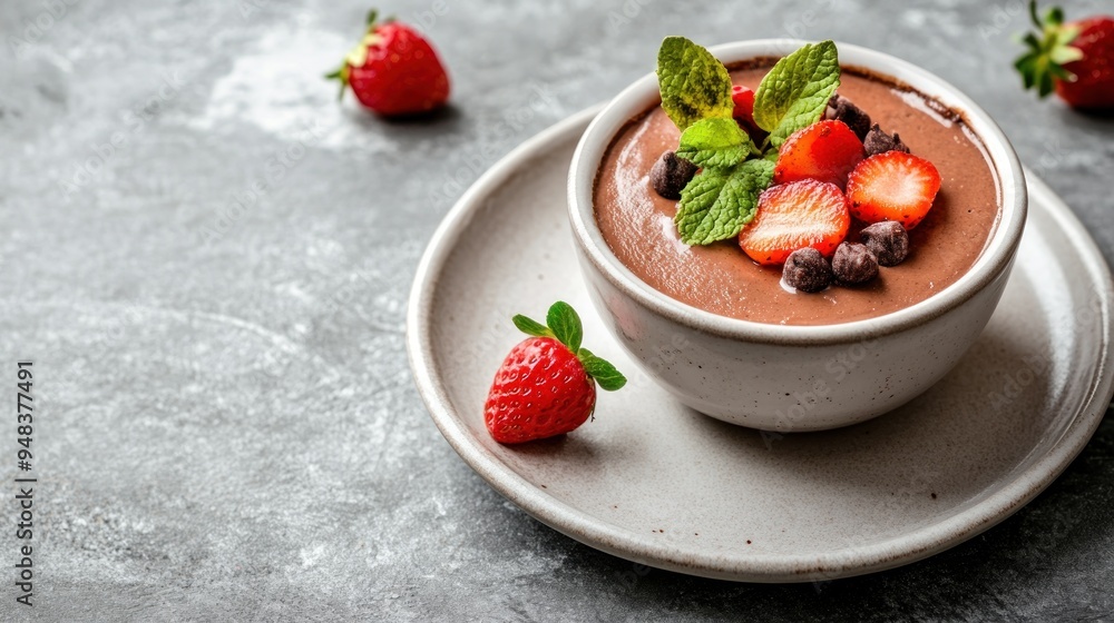 A delicious chocolate mousse topped with strawberries and mint leaves in a bowl. A delicious chocolate mousse topped with strawberries and mint leaves in a bowl.