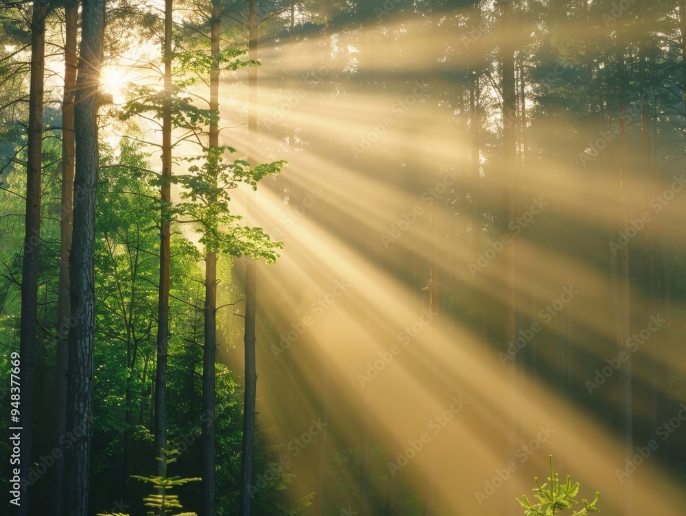 Fototapeta premium Sunlight streaming through lush trees in a tranquil forest at dawn
