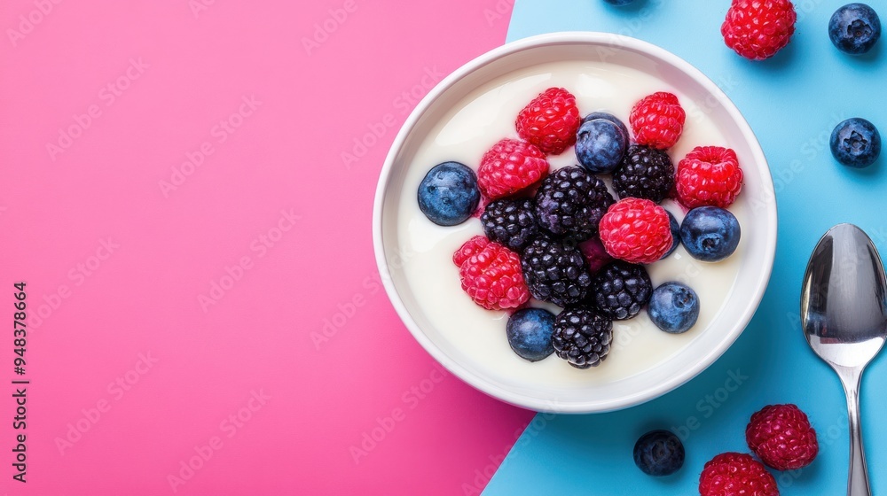 A bowl of yogurt with blueberries, raspberries and blackberries on a pink and blue background. A bowl of yogurt with blueberries, raspberries and blackberries on a pink and blue background.
