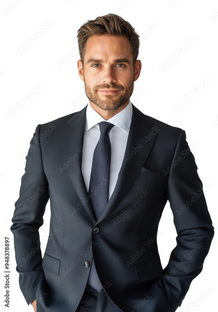 A confident businessman in a tailored suit stands against a transparent background, showcasing professionalism and charm A confident businessman in a tailored suit stands against a transparent background, showcasing professionalism and charm