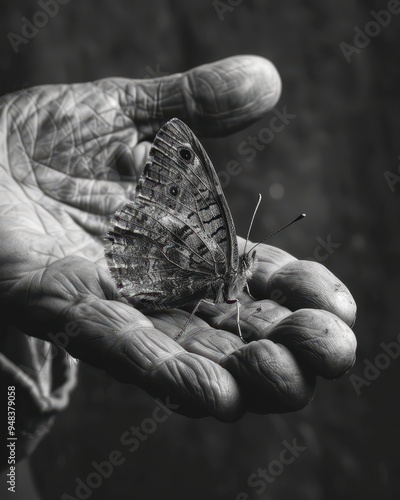 A Butterfly Resting on an Elderly Hand photo