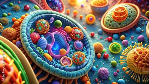 Colorful illustration of cellular structure showing nucleus, mitochondria, endoplasmic reticulum, and ribosomes, highlighting the intricate mechanisms of cellular biology and function. photo