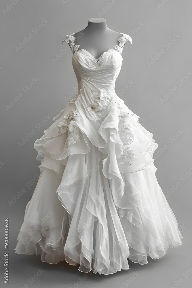 White wedding dress isolated on light grey background White wedding dress isolated on light grey background