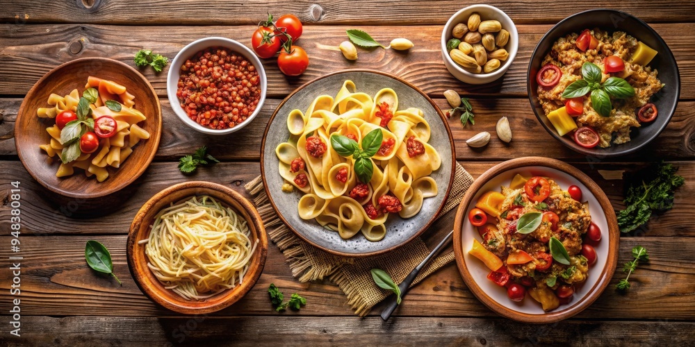 Ready pasta dishes served on a rustic wooden table Ready pasta dishes served on a rustic wooden table