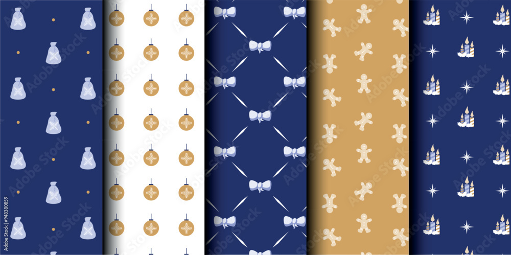 Fototapeta premium Set of Christmas vector seamless pattern. Merry Christmas and Happy New Year. Christmas symbols background. Vector gold and blue seamless illustration