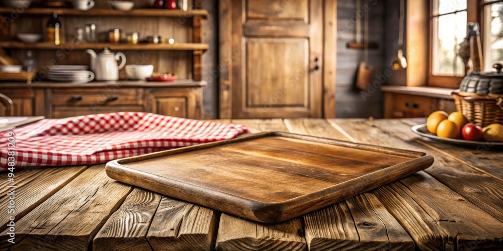 Fototapeta premium Rustic wooden table with vintage baking board perfect kitchen design element for a cozy farmhouse aesthetic
