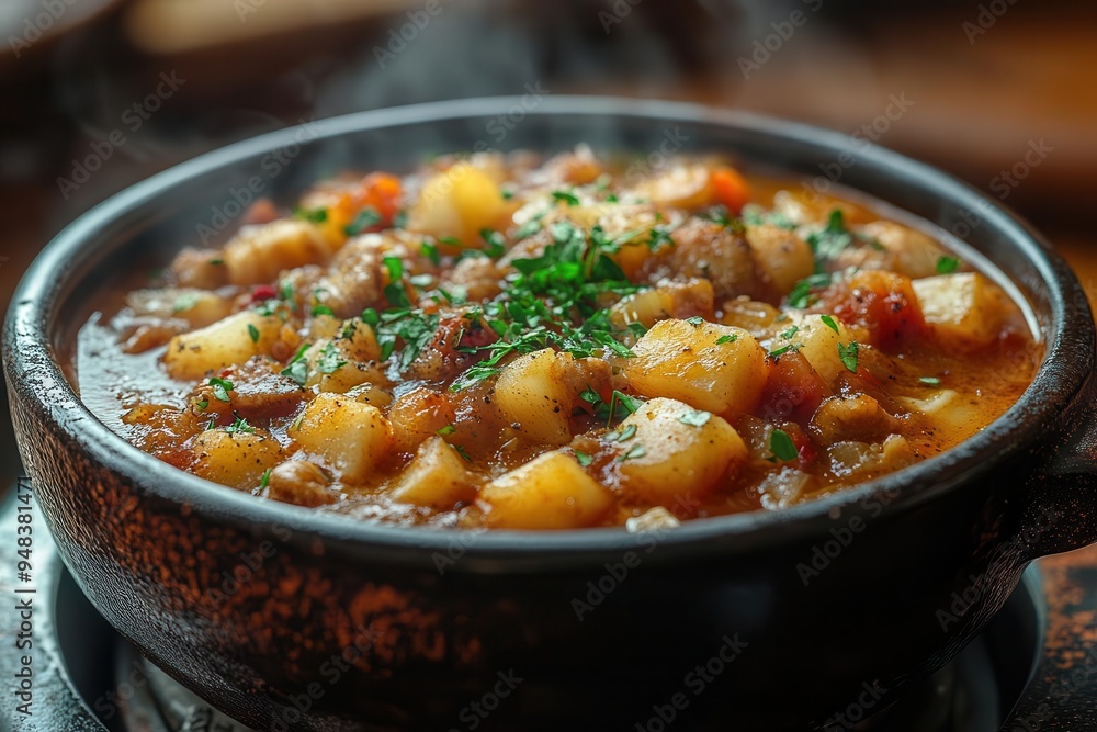 rustic kitchen scene featuring a steaming pot of hearty stew simmering on a vintage stove with warm lighting and rich inviting colors rustic kitchen scene featuring a steaming pot of hearty stew simmering on a vintage stove with warm lighting and rich inviting colors