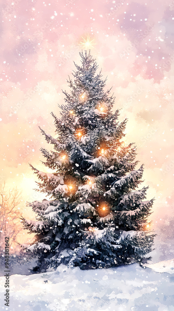 A wintery outdoor scene featuring a tall evergreen tree, heavy with snow and adorned with twinkling ornaments, under a soft watercolor sunset A wintery outdoor scene featuring a tall evergreen tree, heavy with snow and adorned with twinkling ornaments, under a soft watercolor sunset