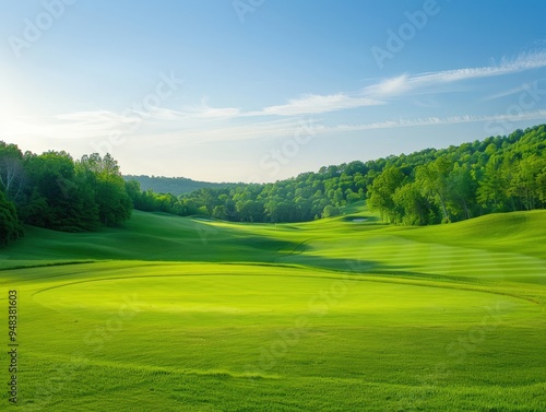 Lush green golf course landscape under a bright blue sky on a serene summer afternoon
