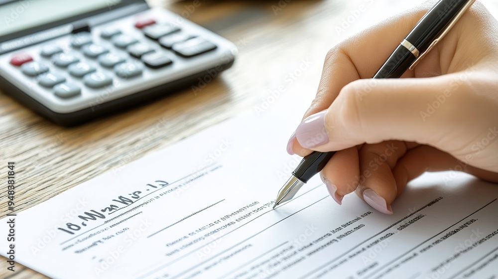A close-up of an insurance plan document being signed by a client, with a pen and calculator nearby. A close-up of an insurance plan document being signed by a client, with a pen and calculator nearby.