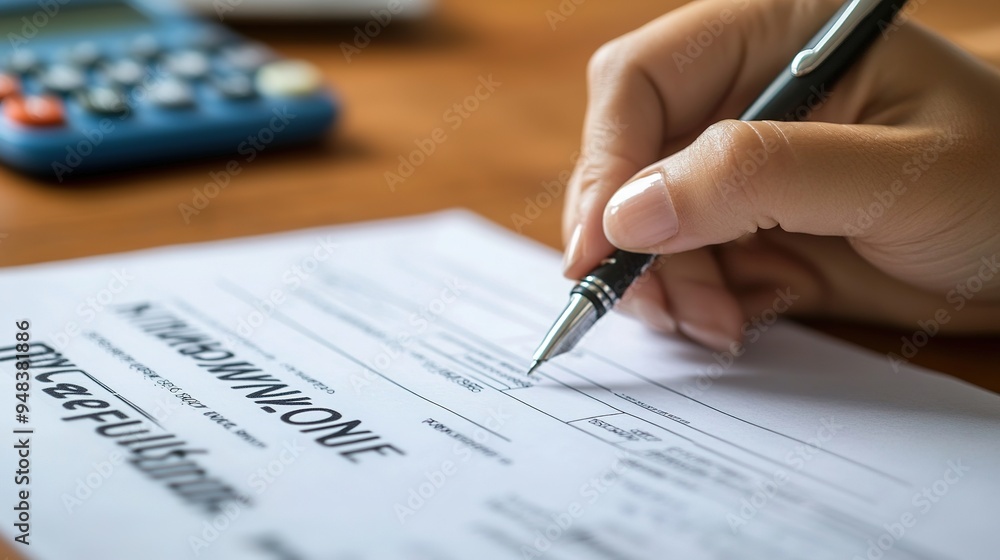 A close-up of an insurance plan document being signed by a client, with a pen and calculator nearby. A close-up of an insurance plan document being signed by a client, with a pen and calculator nearby.
