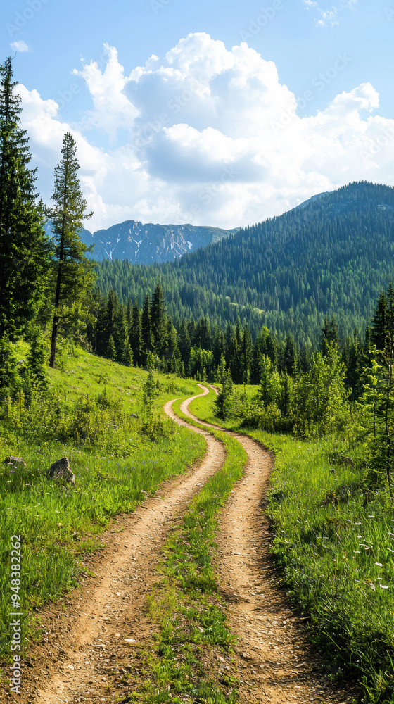 Scenic mountain path winding through lush green forest under a partly cloudy sky, with distant peaks in the background. Scenic mountain path winding through lush green forest under a partly cloudy sky, with distant peaks in the background.