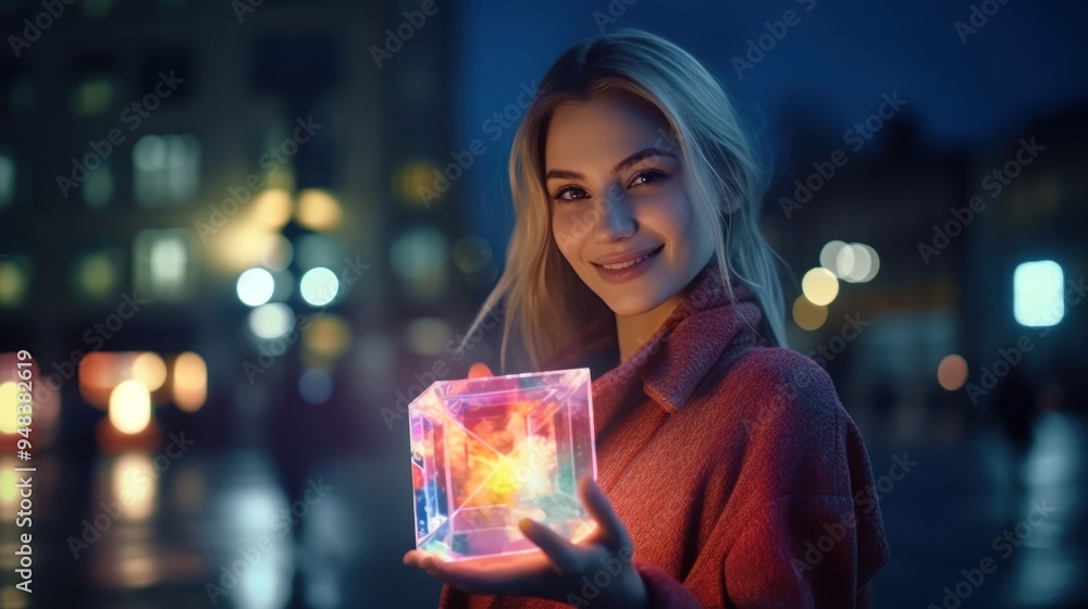 Smiling Woman Holding a Glowing Cube in the City Smiling Woman Holding a Glowing Cube in the City