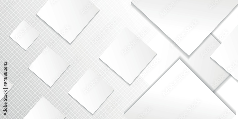 Silver color square pattern on banner with shadow. Abstract white and grey color geometric background with copy space. Silver color square pattern on banner with shadow. Abstract white and grey color geometric background with copy space.