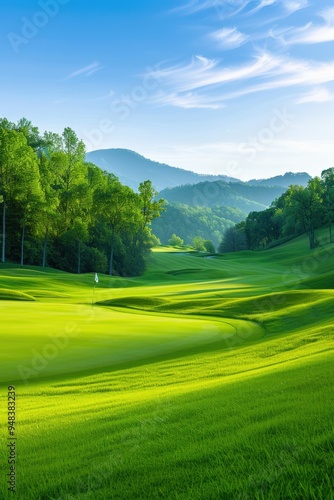 Lush green golf course under a clear blue sky in the serene mountains on a sunny day