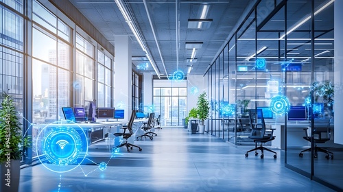 Fototapeta Naklejka Na Ścianę i Meble -  Cutting edge smart office space with IoT powered automation systems for enhanced productivity streamlined workflows and optimized work environment